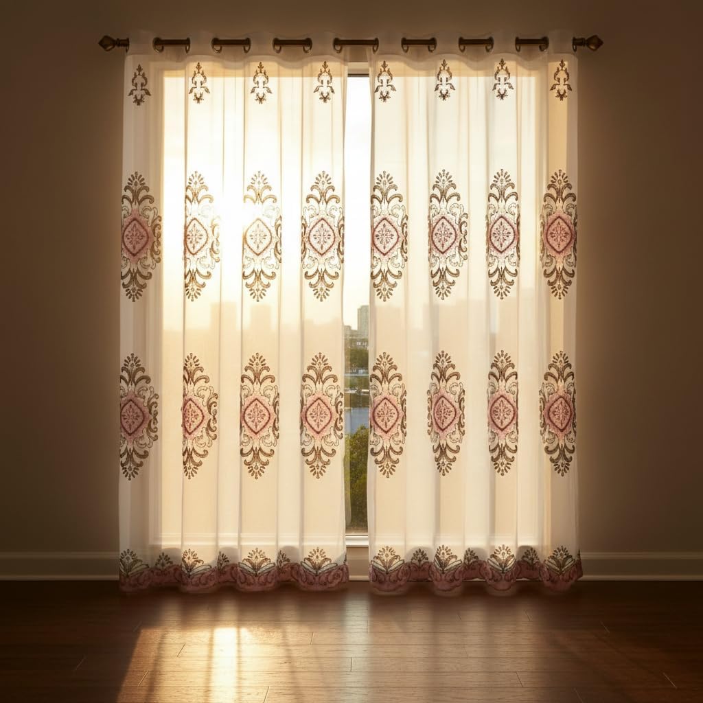 Embroidered Medallion Curtain Set – 2 Panel Window Drapes with Attached Backing & Matching Valance