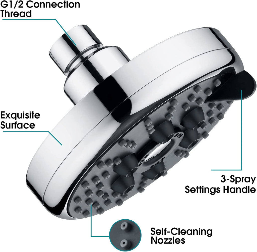 3 Spray Fixed Rainfall Shower Head with Adjustable Metal Swivel Ball Joint