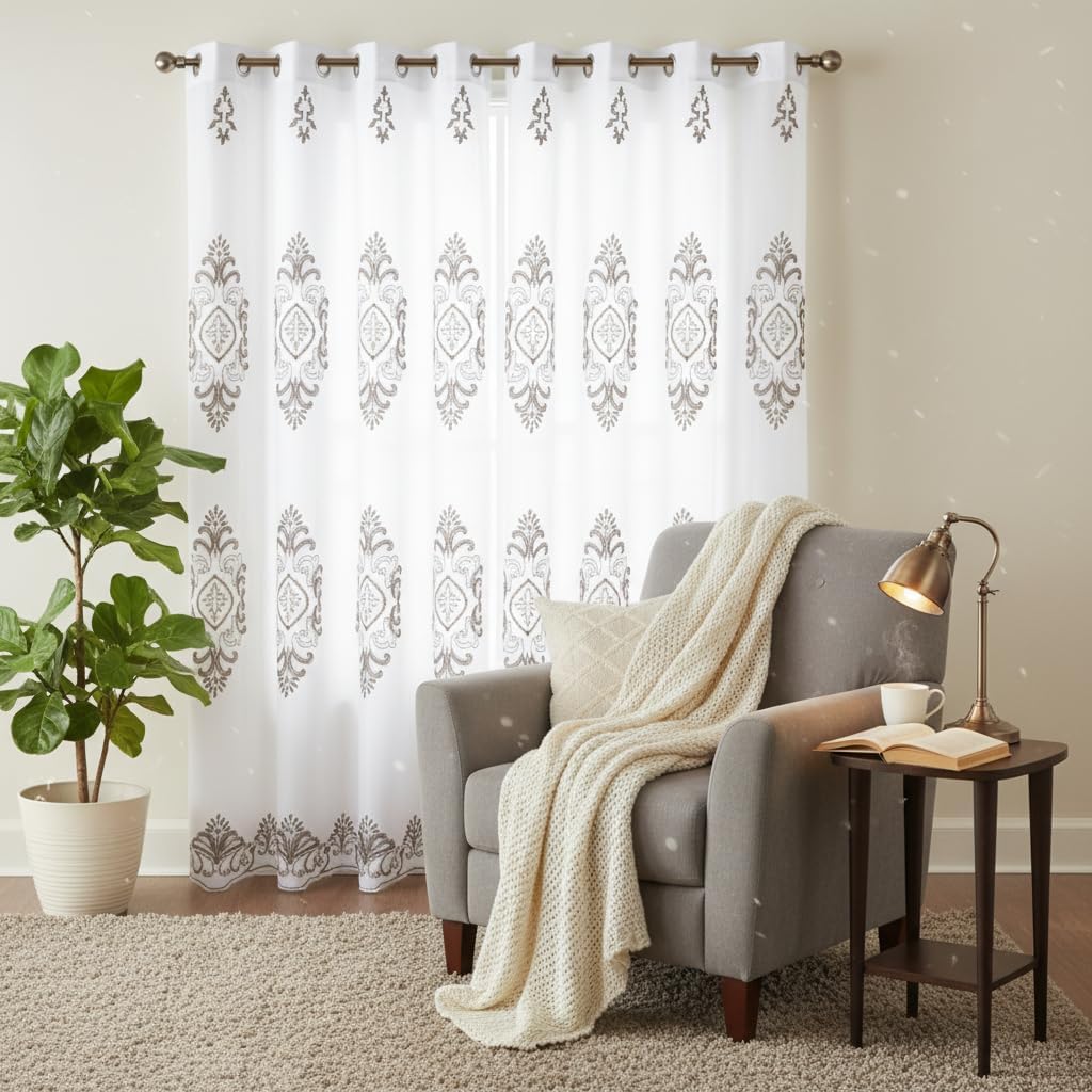 Embroidered Medallion Curtain Set – 2 Panel Window Drapes with Attached Backing & Matching Valance