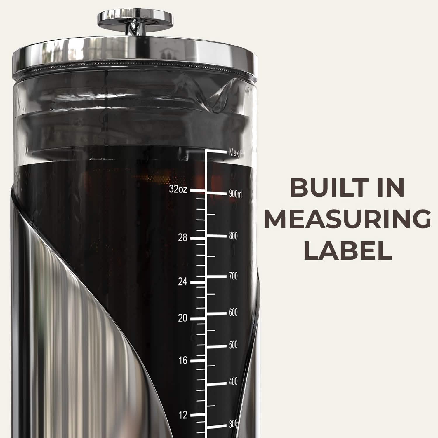 Cafe Du Chateau Cold Brew Coffee Maker - 34oz Airtight Iced Coffee & Tea Pitcher with Measuring Label, Stainless Steel Filter, Ideal for Fridge Storage