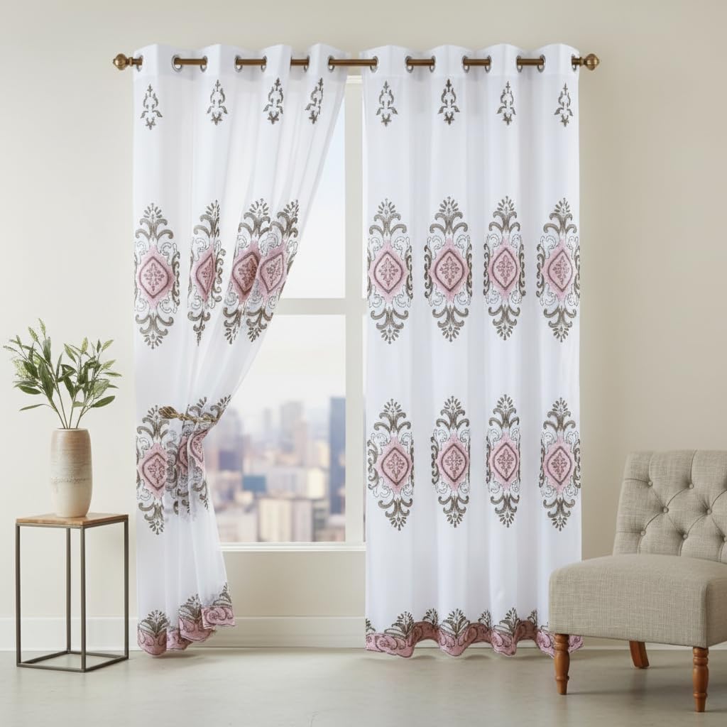 Embroidered Medallion Curtain Set – 2 Panel Window Drapes with Attached Backing & Matching Valance