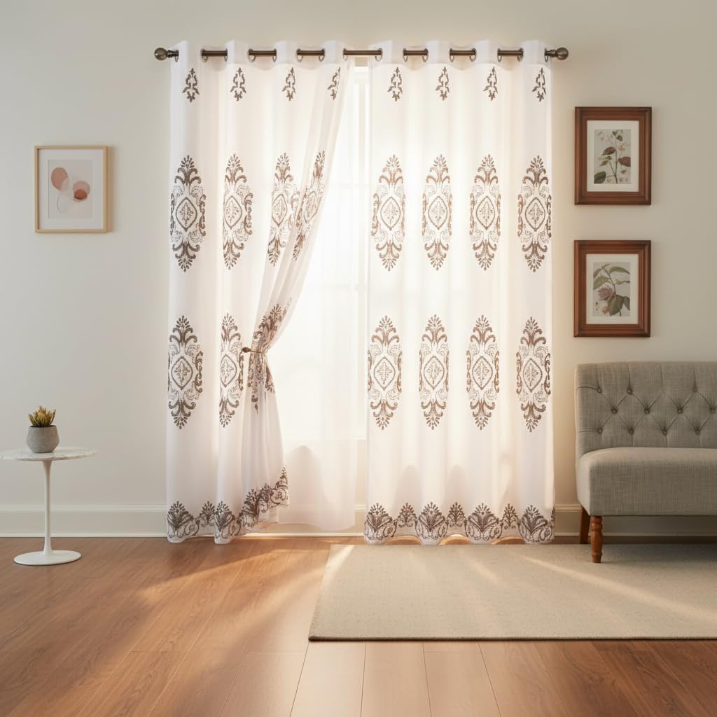 Embroidered Medallion Curtain Set – 2 Panel Window Drapes with Attached Backing & Matching Valance