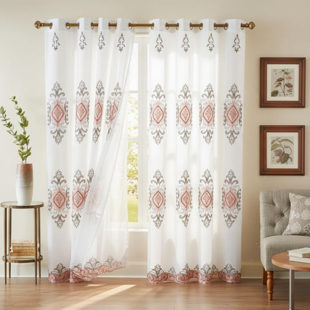 Embroidered Medallion Curtain Set – 2 Panel Window Drapes with Attached Backing & Matching Valance
