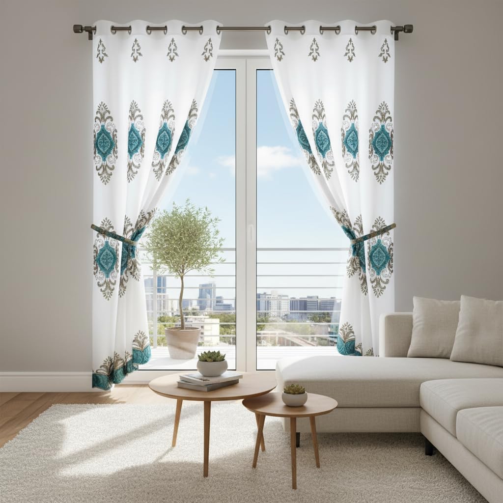Embroidered Medallion Curtain Set – 2 Panel Window Drapes with Attached Backing & Matching Valance