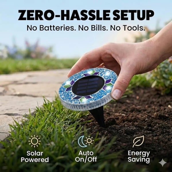 Mosaic Solar Disk Lights, Waterproof LED Outdoor In‑Ground Tabletop Lighting