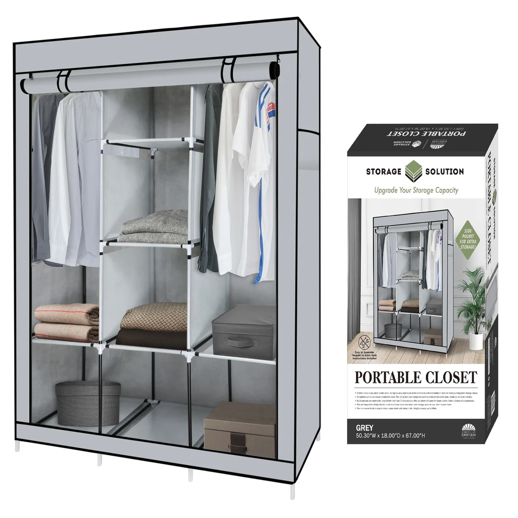 Portable Free Standing Closet - 8 Shelves, 2 Hanging Rods