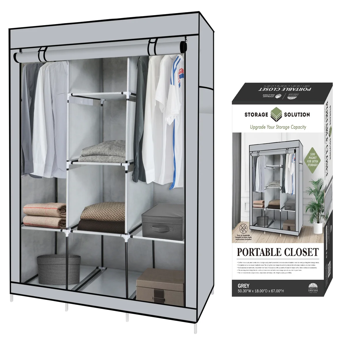 Portable Free Standing Closet - 8 Shelves, 2 Hanging Rods