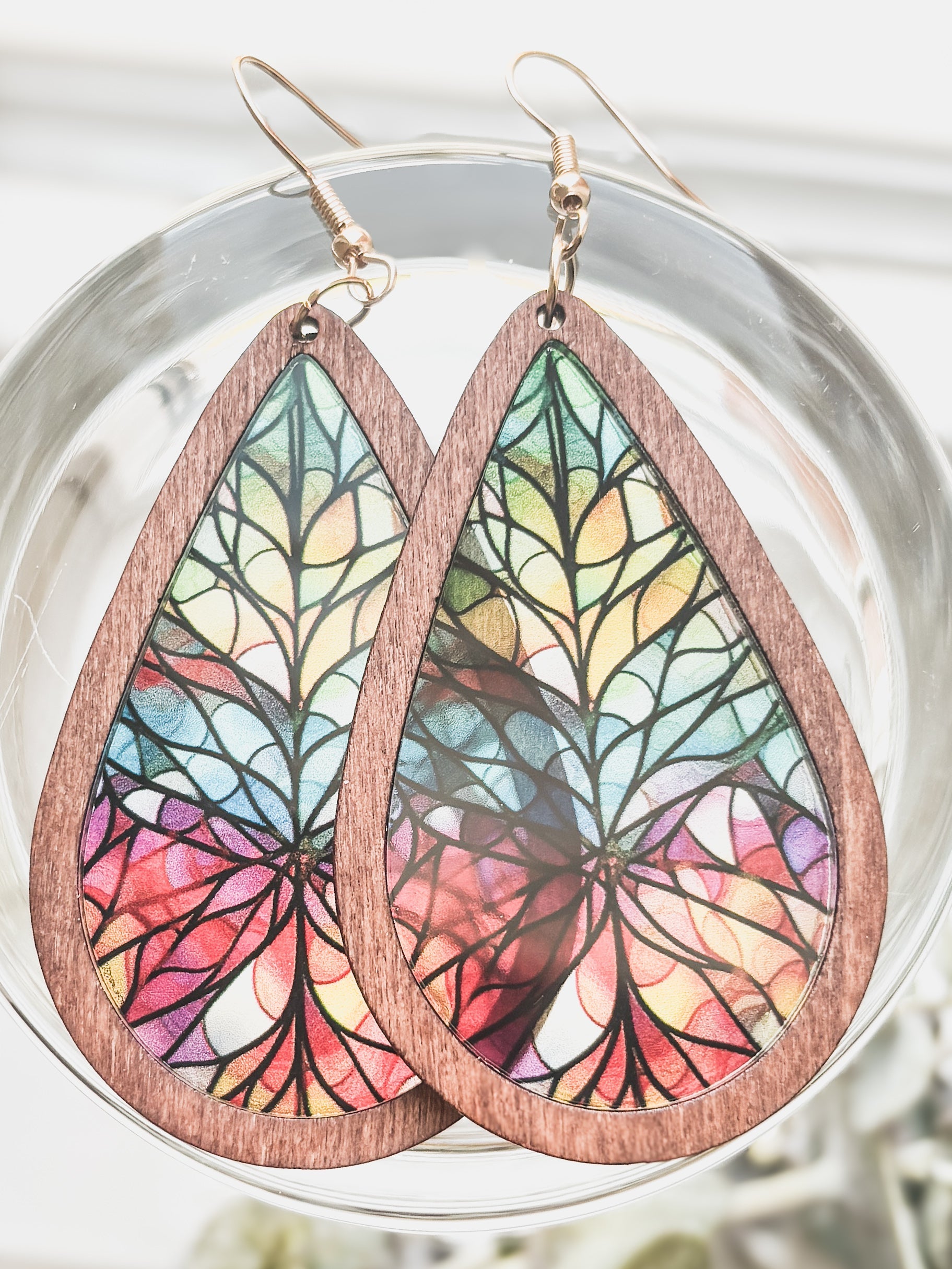 Beautiful Wood and Stained Glass Effect Earrings