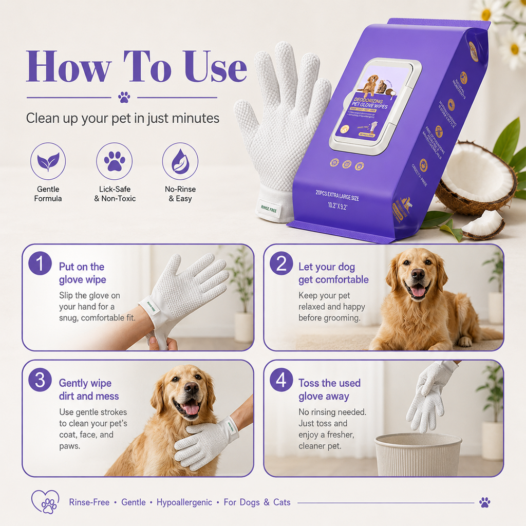 Deodorizing Glove Wipes for Dogs & Cats - Waterless Bath Alternative