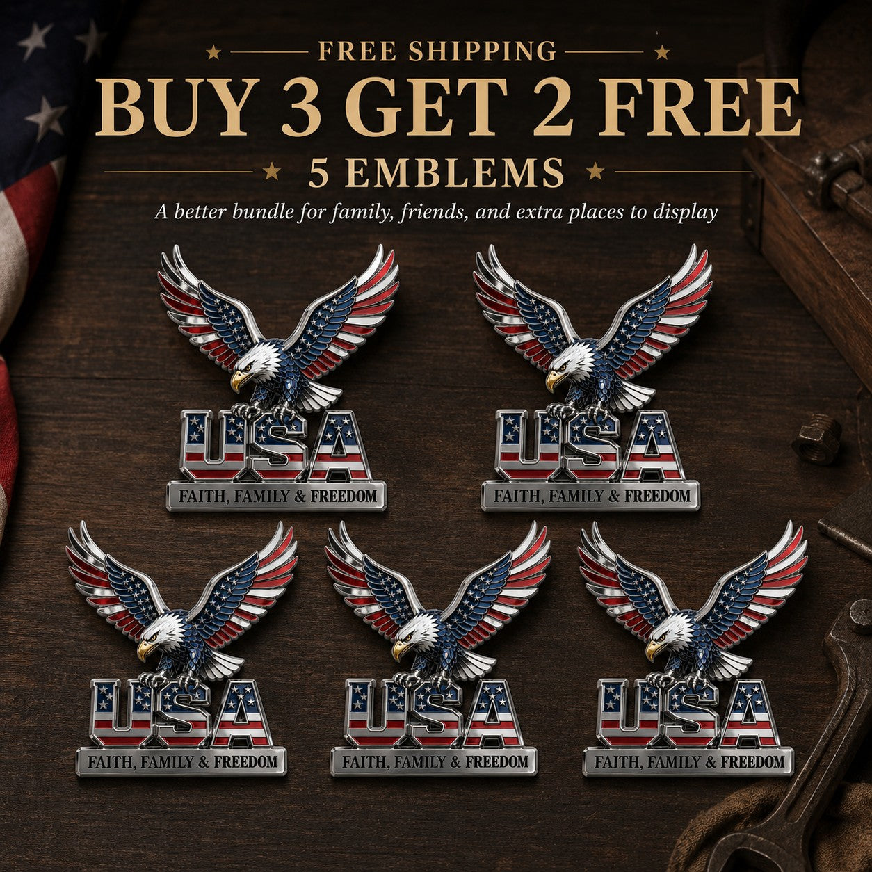 USA 250th Anniversary Metal Emblem – Faith, Family & Freedom Patriotic Decor