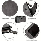 Vintage Faux Leather Long Wallet – Trifold Credit Card Holder with Snap & Zipper