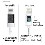 6Ft Overtime Apple MFI Certified Lightning To USB Cable, Phone Charger and Sync Cable