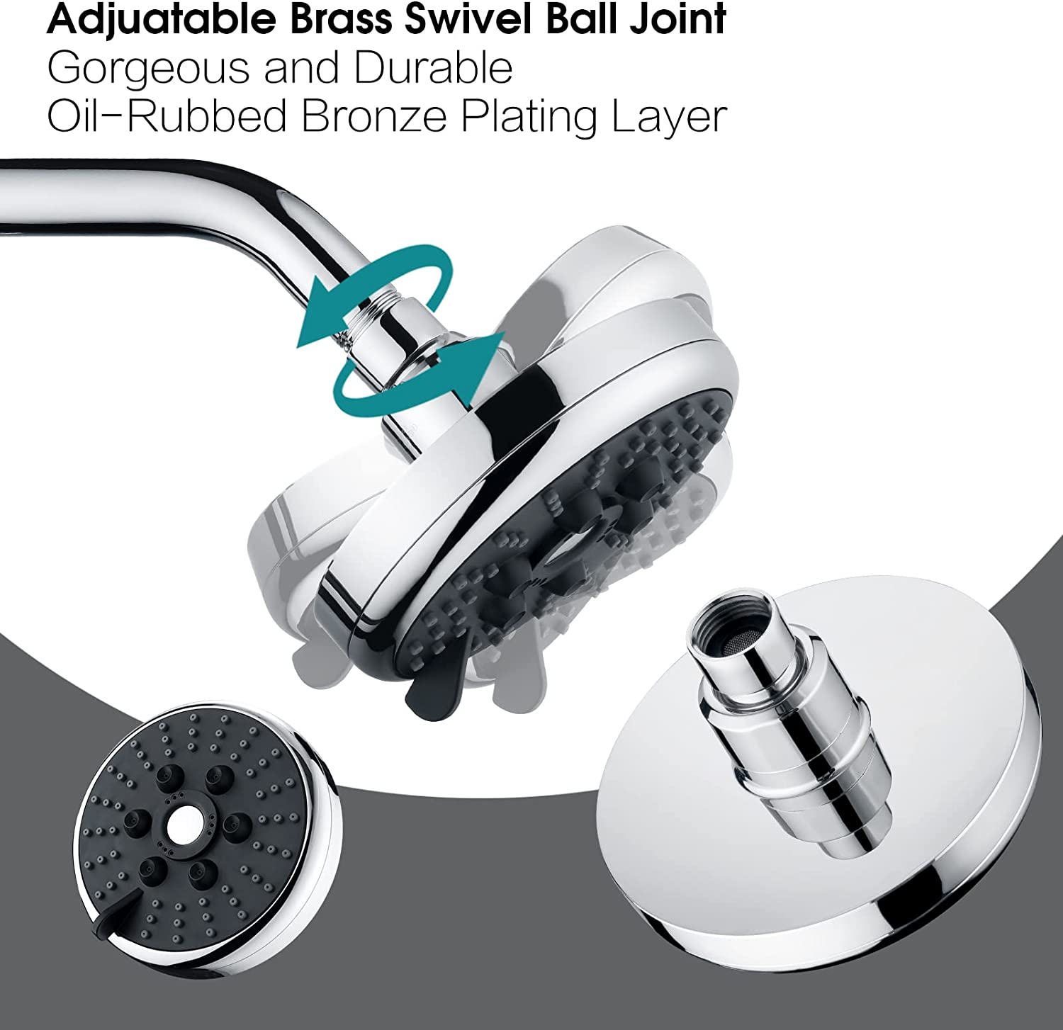 3 Spray Fixed Rainfall Shower Head with Adjustable Metal Swivel Ball Joint