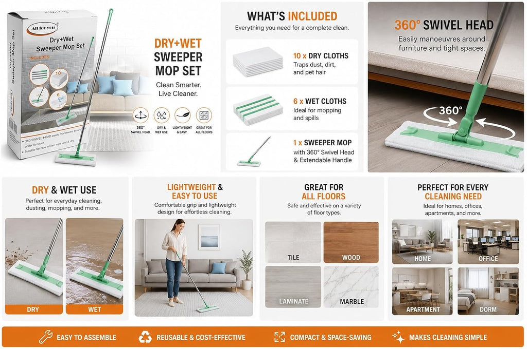 2-in-1 Dry & Wet Sweeper Mop Set with Handle – Reusable Floor Cleaning System for Hardwood, Tile & Laminate
