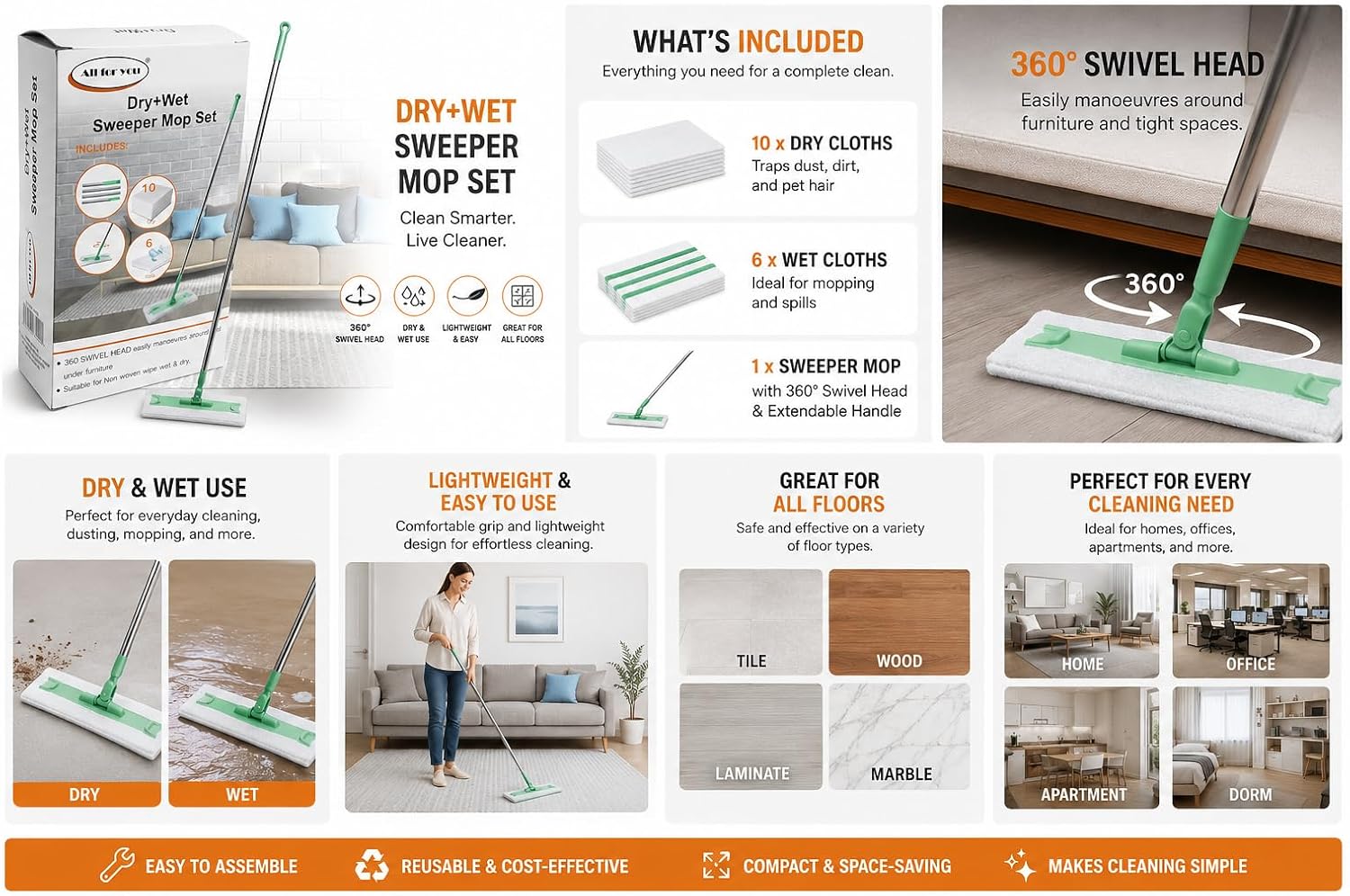 2-in-1 Dry & Wet Sweeper Mop Set with Handle – Reusable Floor Cleaning System for Hardwood, Tile & Laminate