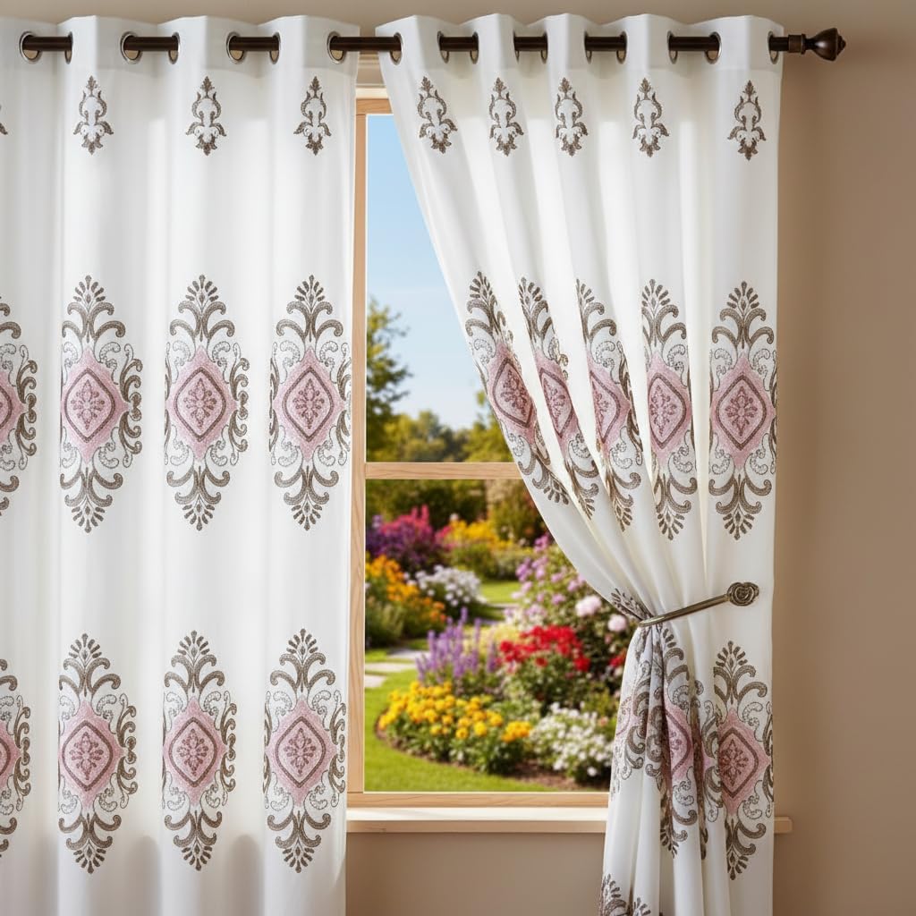 Embroidered Medallion Curtain Set – 2 Panel Window Drapes with Attached Backing & Matching Valance