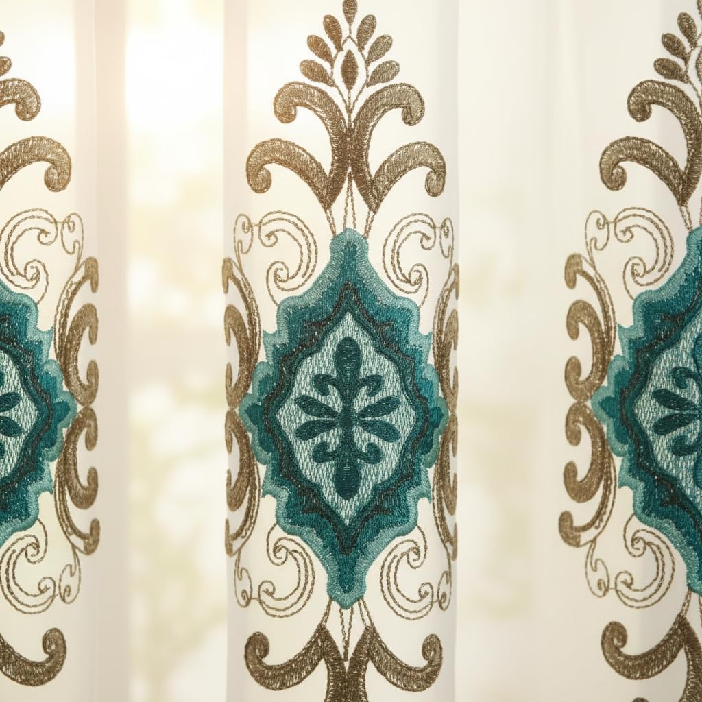 Embroidered Medallion Curtain Set – 2 Panel Window Drapes with Attached Backing & Matching Valance