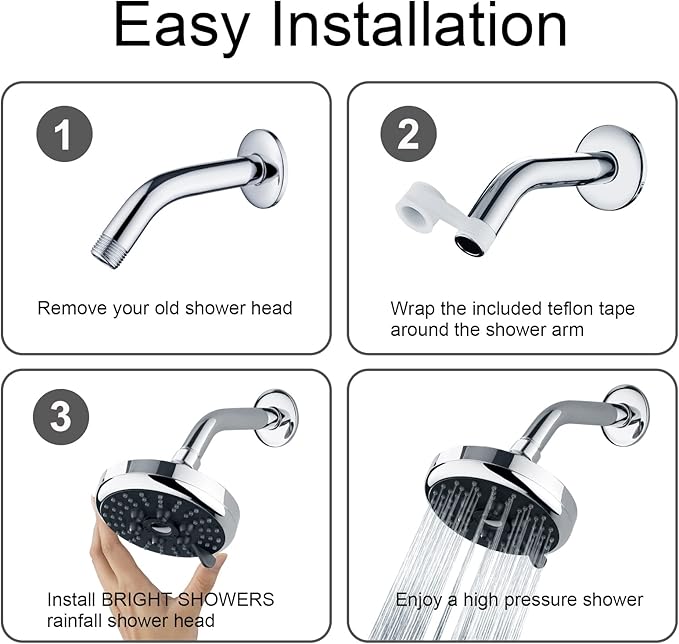 3 Spray Fixed Rainfall Shower Head with Adjustable Metal Swivel Ball Joint
