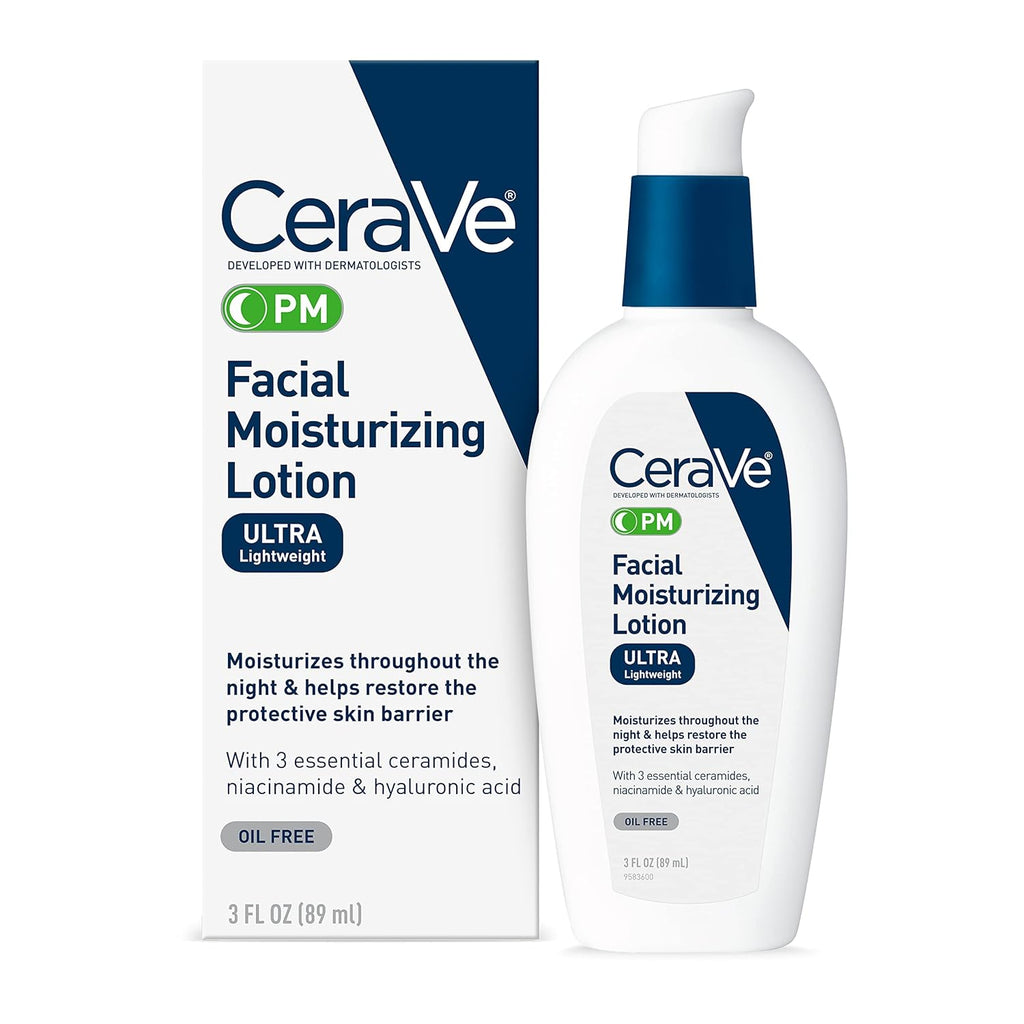 2 Pack CeraVe PM Facial Moisturizing Lotion, Night Cream with Hyaluronic Acid and Niacinamide