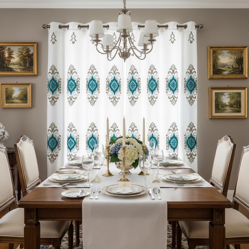 Embroidered Medallion Curtain Set – 2 Panel Window Drapes with Attached Backing & Matching Valance