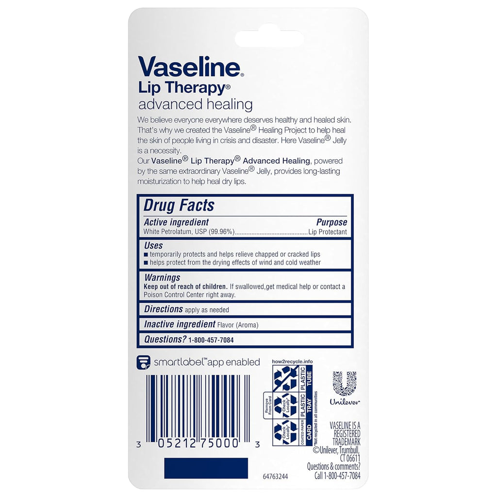Vaseline Lip Therapy Advanced Healing Lip Balm Tube 3-Pack – White Petroleum Lip Protectant, 0.35 Oz Ea