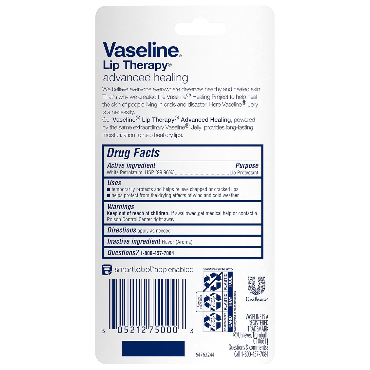 Vaseline Lip Therapy Advanced Healing Lip Balm Tube 3-Pack – White Petroleum Lip Protectant, 0.35 Oz Ea