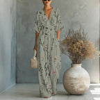 Women's Waist-Cinched V-Neck Printed Wide-Leg Jumpsuit