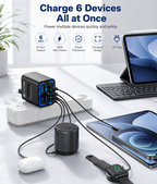 6-Port Travel Charger Adapter – Multi-Interface USB-C Charging Hub for Phones & Devices