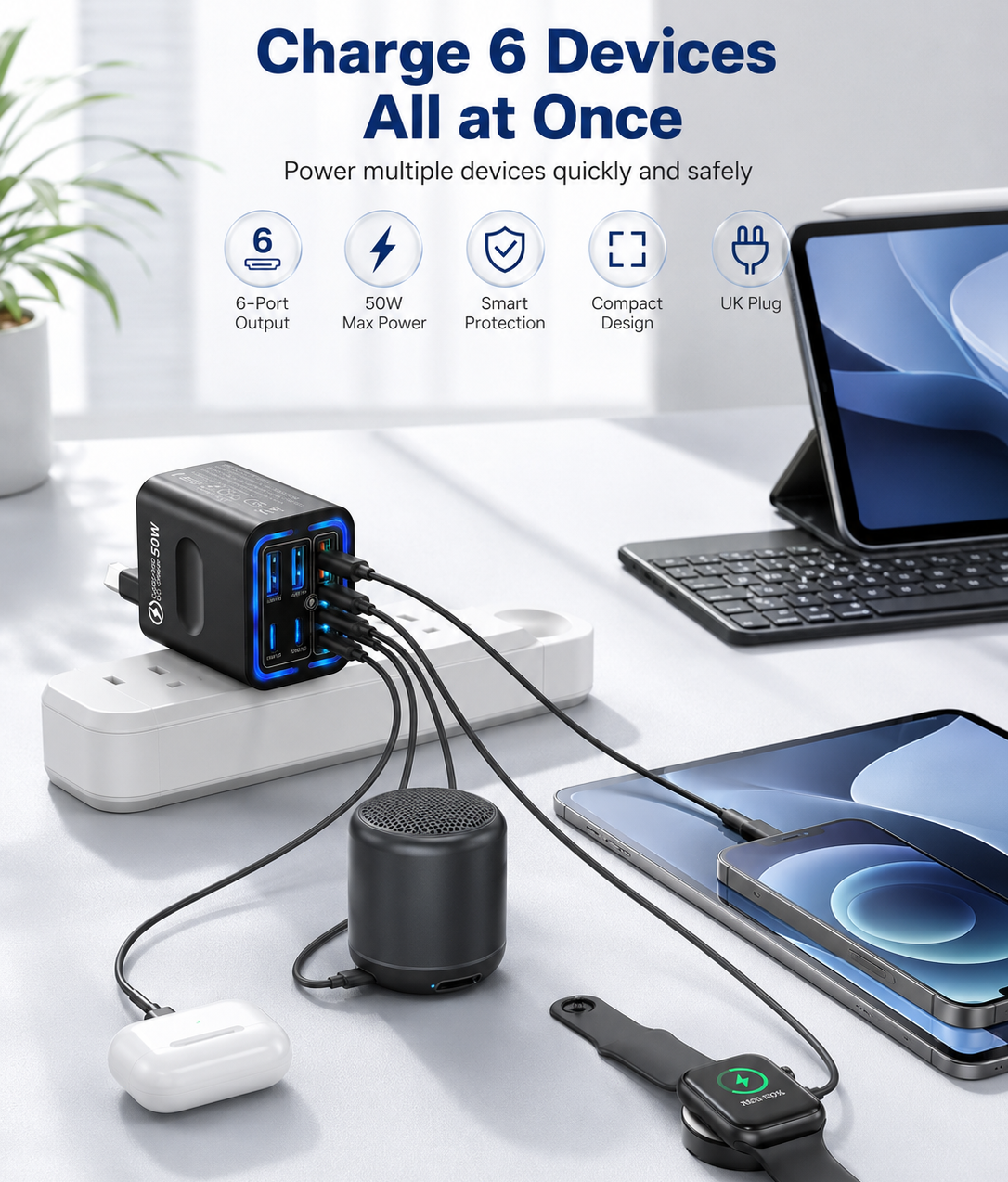 6-Port Travel Charger Adapter – Multi-Interface USB-C Charging Hub for Phones & Devices