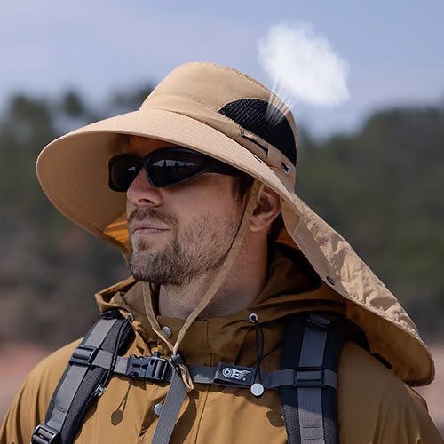 Wide Brim Sun Hat, Men's Safari Hat, 360° Sun Protection, UPF50+, Shade Hat, Insect Repellent, Mesh, Breathable, UV Protection