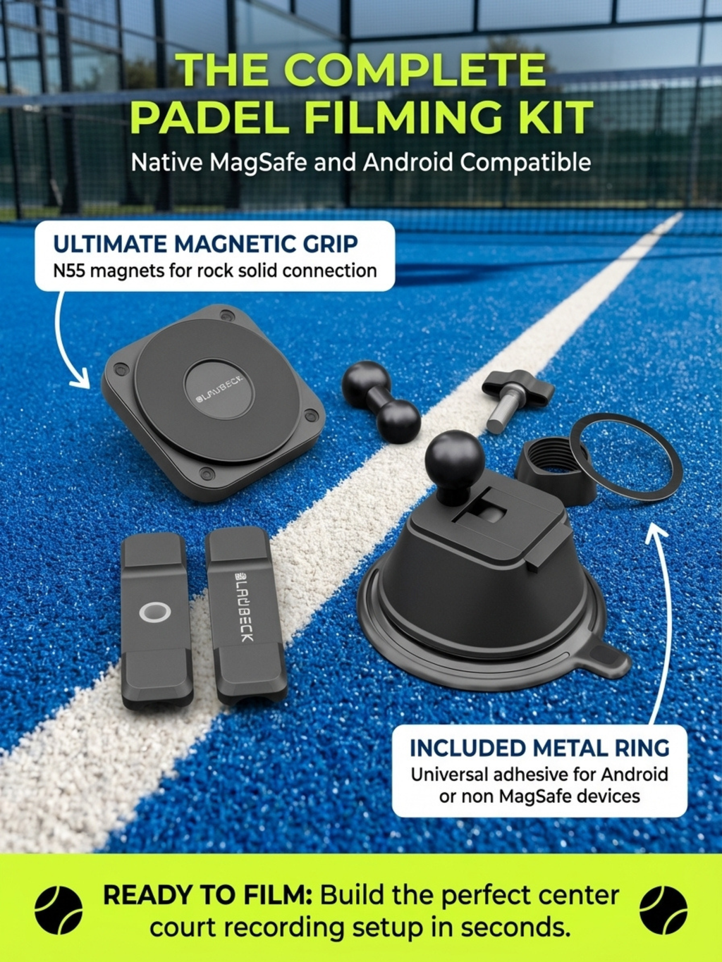 Padel Phone Holder for Glass Courts – MagSafe Compatible with Double Suction Cup & Aluminum Arm