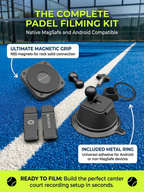 Padel Phone Holder for Glass Courts – MagSafe Compatible with Double Suction Cup & Aluminum Arm