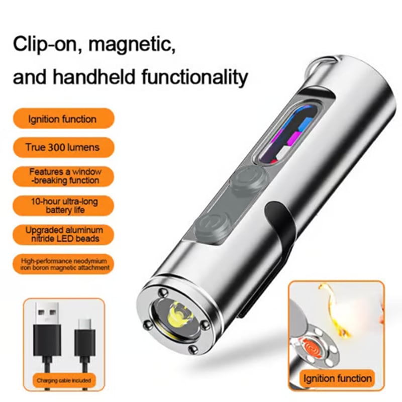 Pocket Rechargeable EDC Flashlight: Mini Keychain Light with Fire Starter & Window Breaker