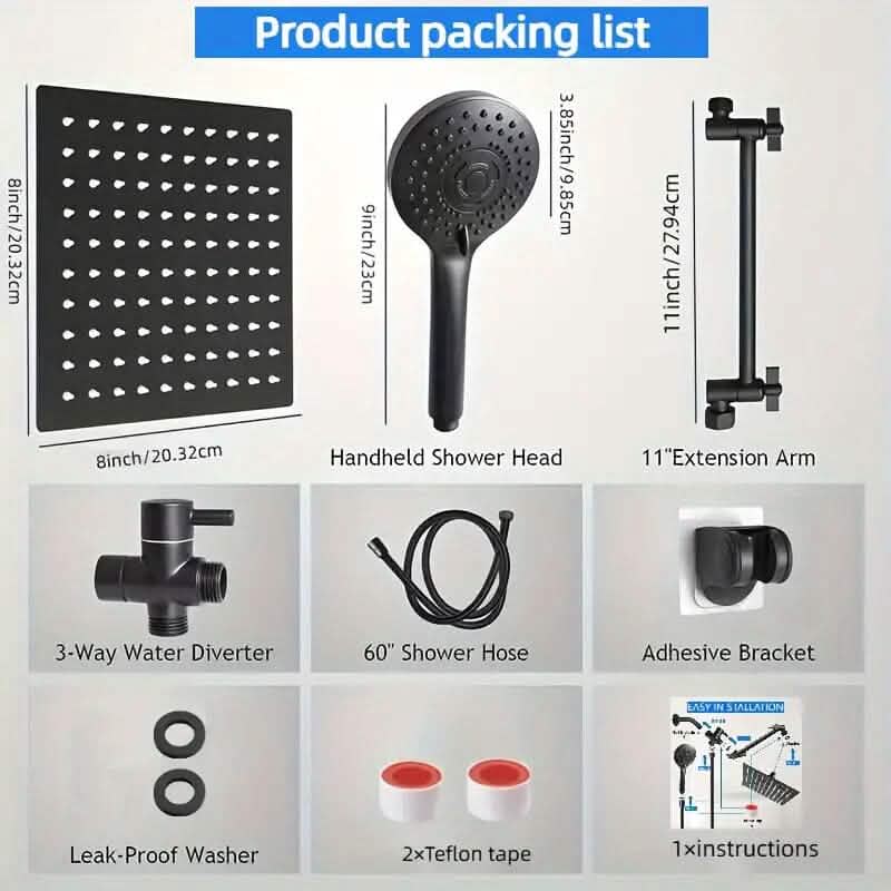 8-Inch High Pressure Showerhead with 11-Inch Adjustable Extension Arm