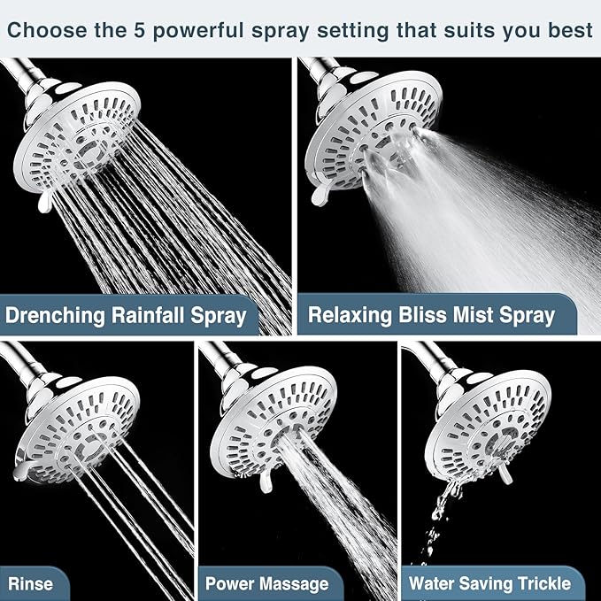 High Pressure 5-Spray Fixed Shower Head, Angle Adjustable