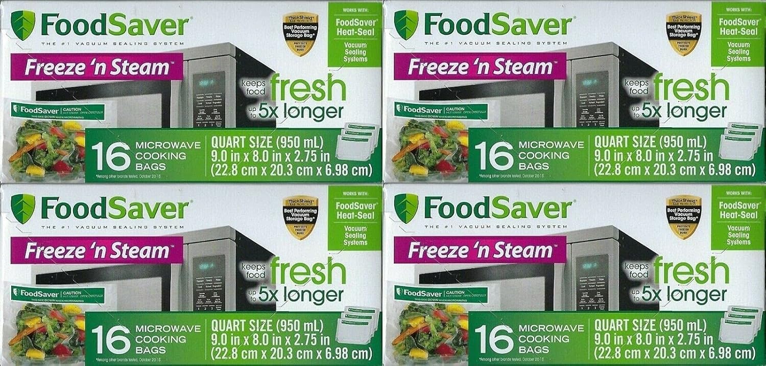 FoodSaver 1-Quart Freeze 'n Steam Microwavable Single-Cooking Bags, 16 Count, Clear (Pack of 8)
