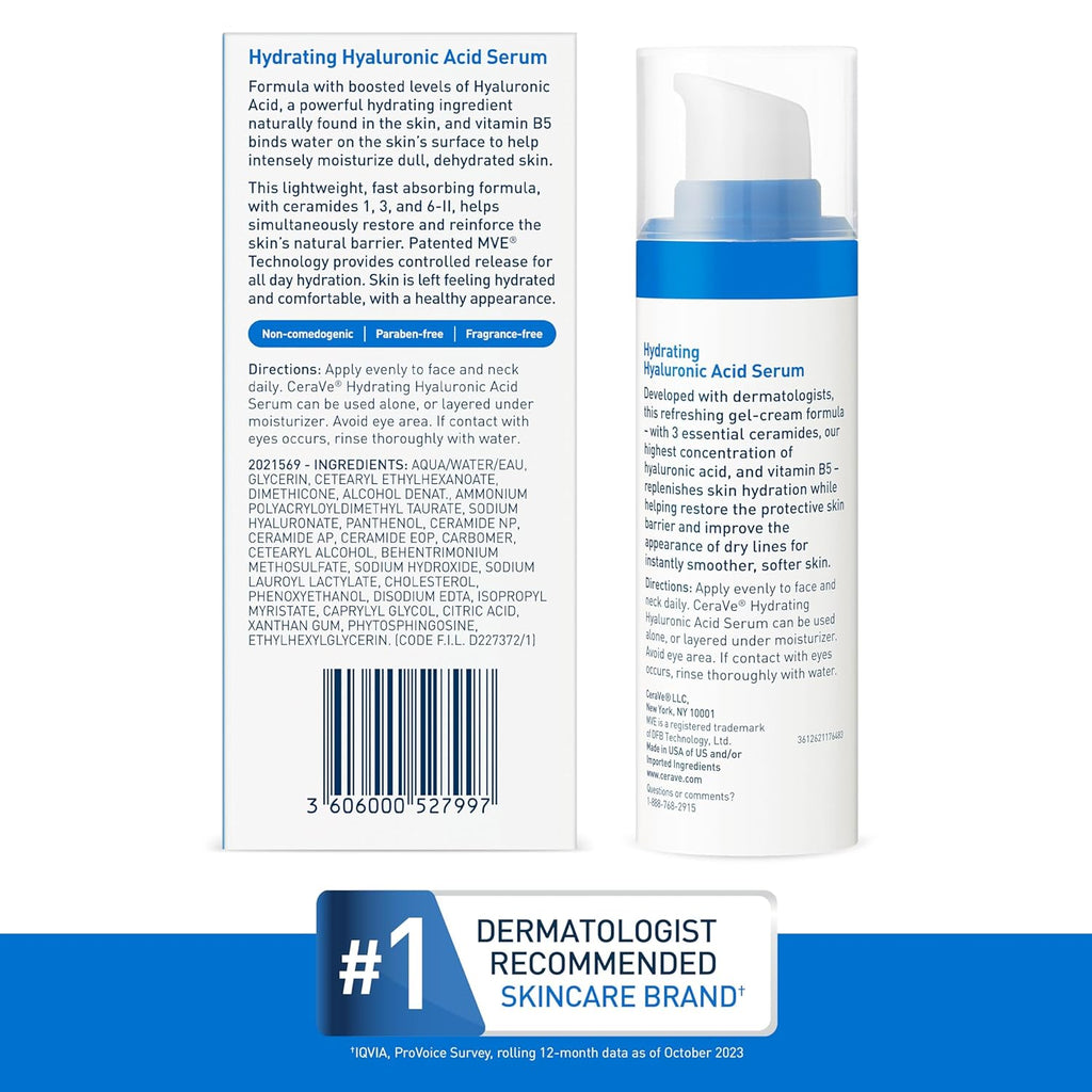2 Pack Cerave Hyaluronic Acid Serum for Face with Vitamin B5 and Ceramides, Hydrating Face Serum
