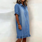 Women's Faux Denim Ruffle-Sleeve Shirt Dress