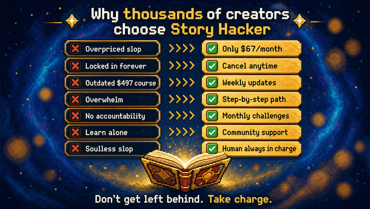 Story Hacker AI - Write your first novel in 90 days with AI assistance, without losing your creativity, ethics, or voice.