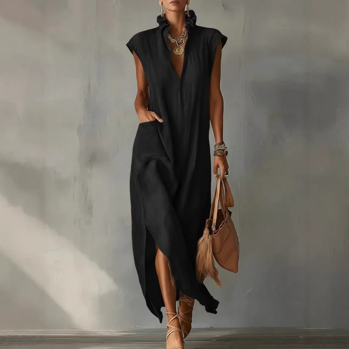 Women’s Cotton-Linen Sleeveless Solid-Color Shirt Dress