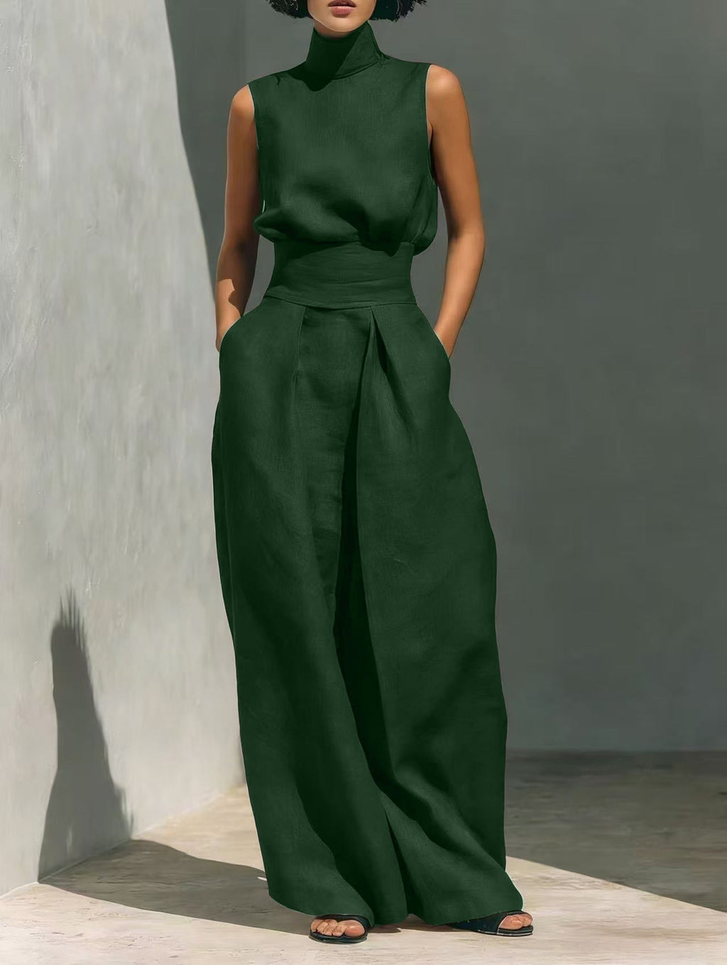 Women’s Cotton Linen Two-Piece Set – Sleeveless Top & Wide-Leg Pants
