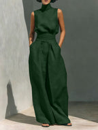 Women’s Cotton Linen Two-Piece Set – Sleeveless Top & Wide-Leg Pants