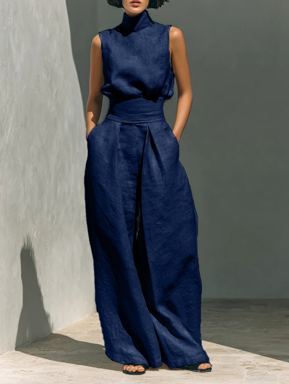 Women’s Cotton Linen Two-Piece Set – Sleeveless Top & Wide-Leg Pants