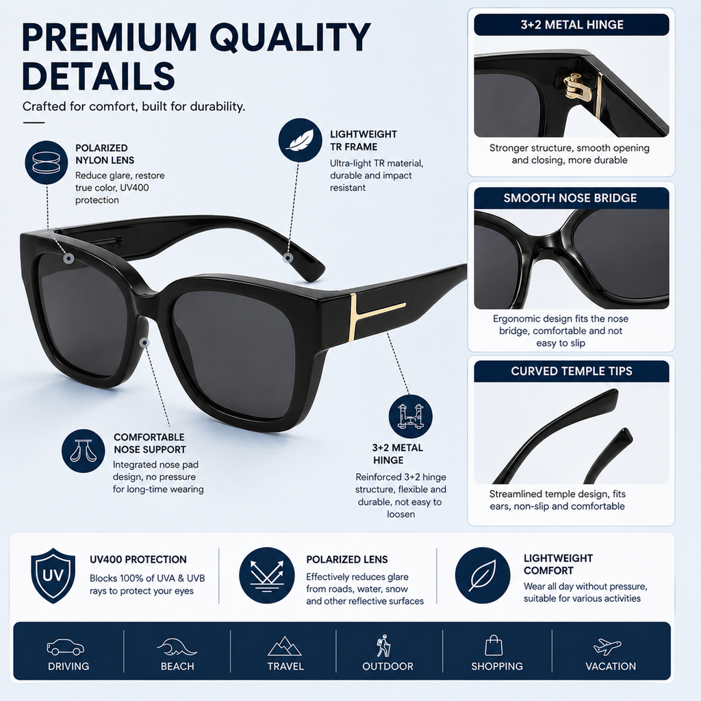 Women’s Polarized Square Sunglasses – Lightweight UV400 Shades for Driving, Beach & Travel