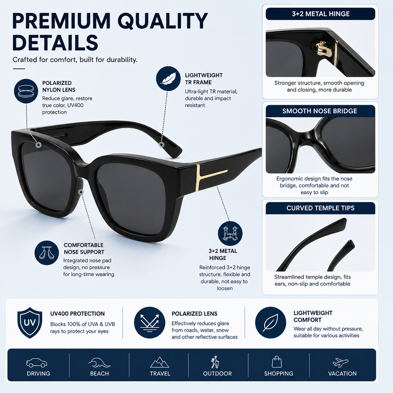 Women’s Polarized Square Sunglasses – Lightweight UV400 Shades for Driving, Beach & Travel