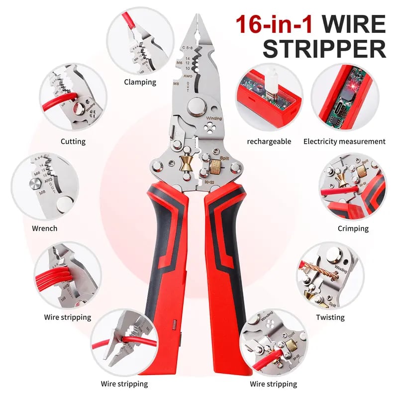 16 in 1 Wire Stripper Twister for Cutting and Pulling Wires,Cable Scissors,Voltage Tester Pliers