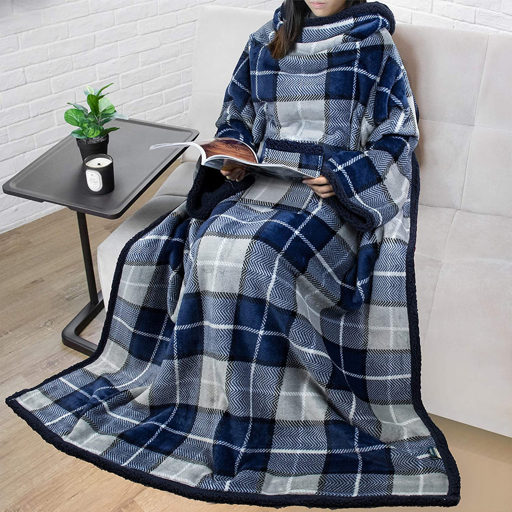 Deluxe Cozy Sherpa or Fleece Adult Wearable 70" Blanket with Sleeves for Men & Women