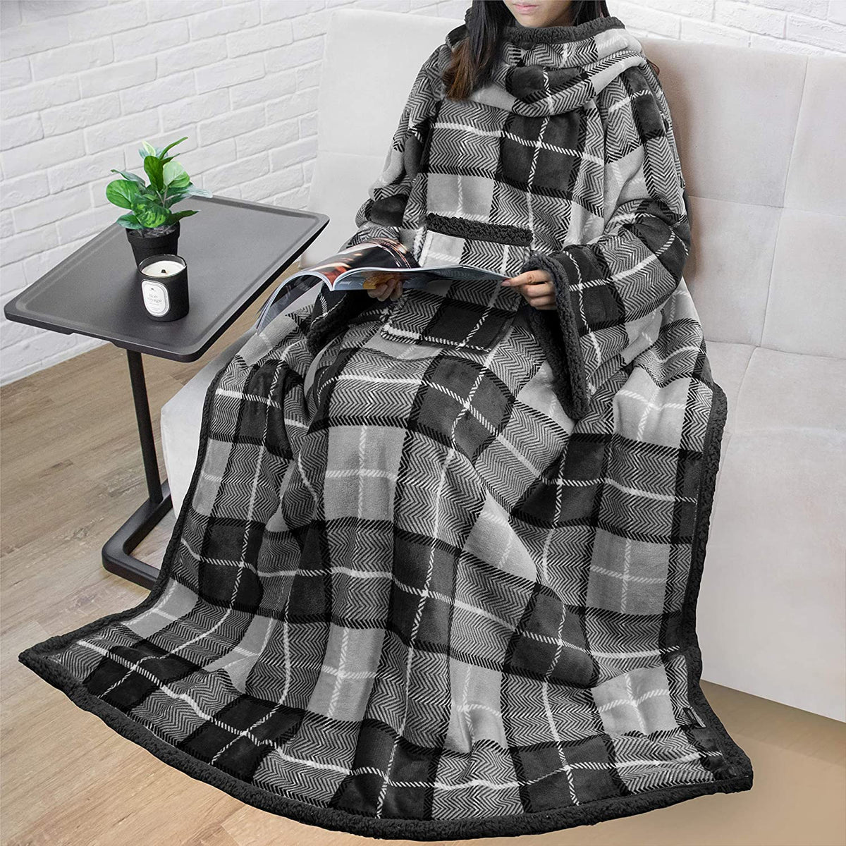 Deluxe Cozy Sherpa or Fleece Adult Wearable 70" Blanket with Sleeves for Men & Women
