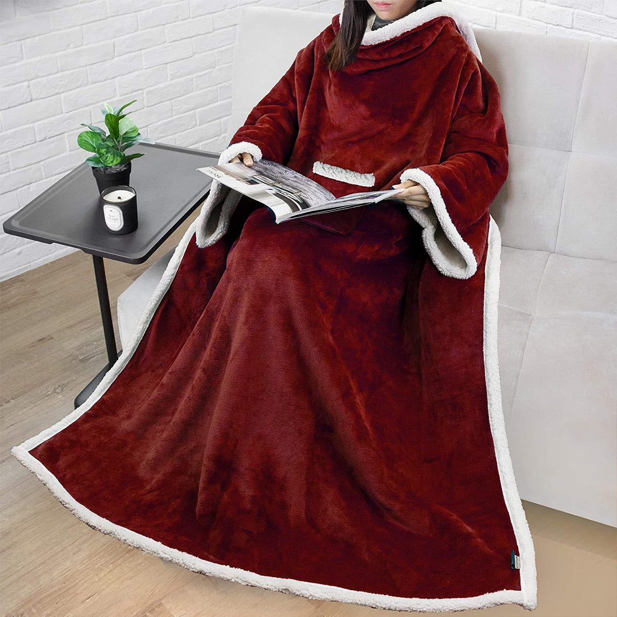 Deluxe Cozy Sherpa or Fleece Adult Wearable 70" Blanket with Sleeves for Men & Women