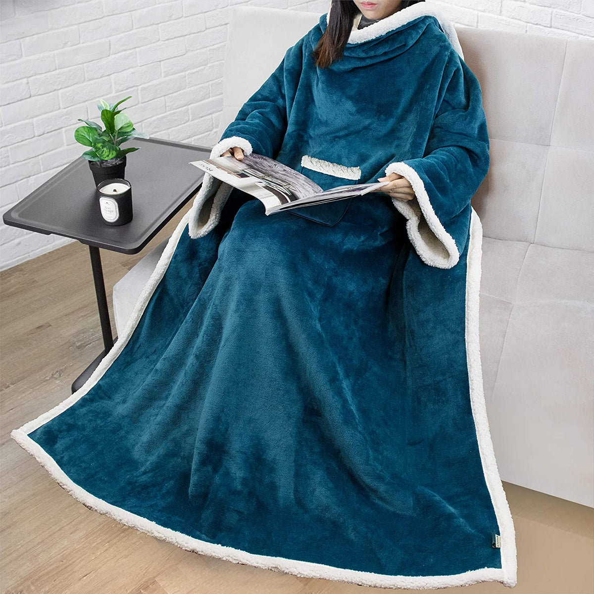 Deluxe Cozy Sherpa or Fleece Adult Wearable 70" Blanket with Sleeves for Men & Women